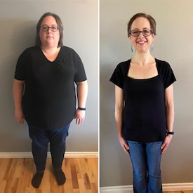 Samantha's lose weight photo, before and after. She was dressing a black t-shirt.